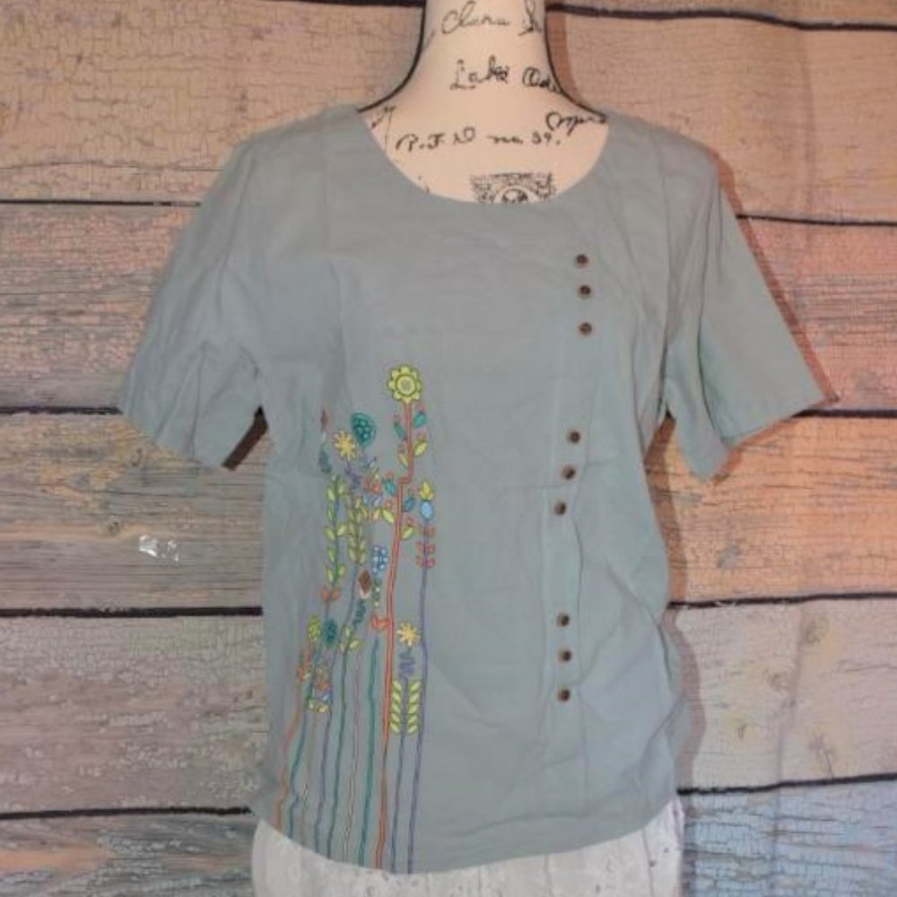 Slate Gray Solid & Floral Peasant Top Blouse Tee M L XL Fairy Cotton Scoop Neck